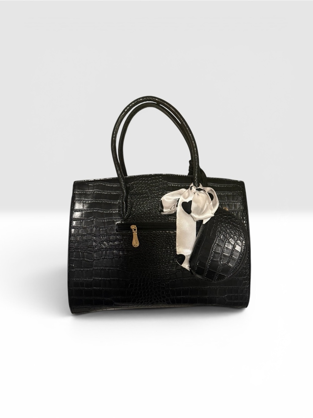 Black Croc-Embossed Structured Satchel with Scarf Accent